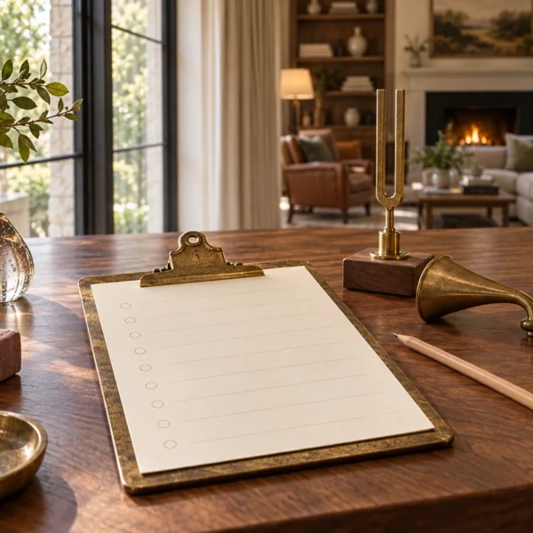 A blank observation checklist on a brass clipboard beside an ear trumpet, tuning fork, glass droplet, pencil, and clock on a WFLI table.