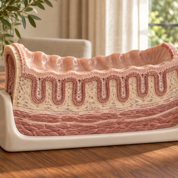 An enlarged physical teaching model of colon wall and glandular crypts in a cream cradle.