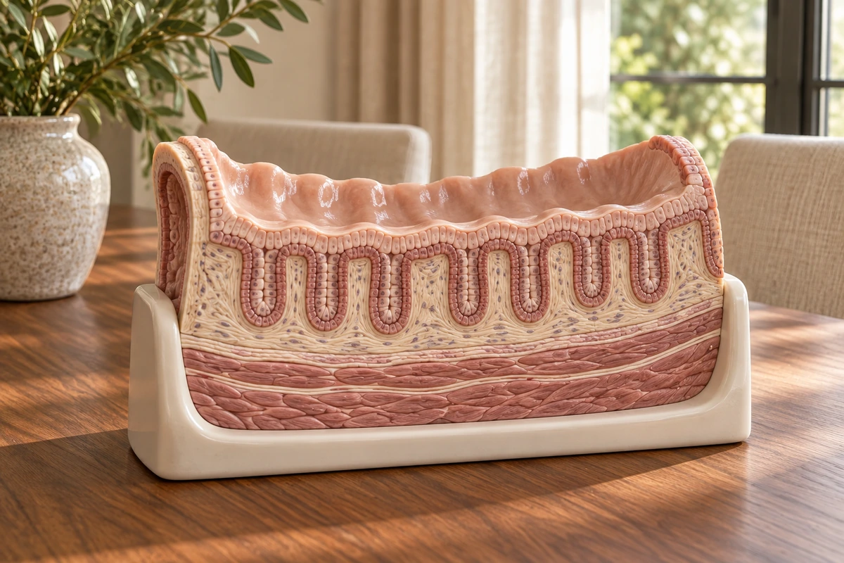 An enlarged physical teaching model of colon wall and glandular crypts in a cream cradle.