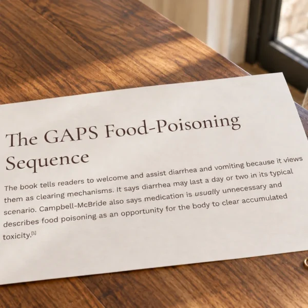 The actual GAPS food-poisoning article excerpt printed on cream paper on the walnut dining table.