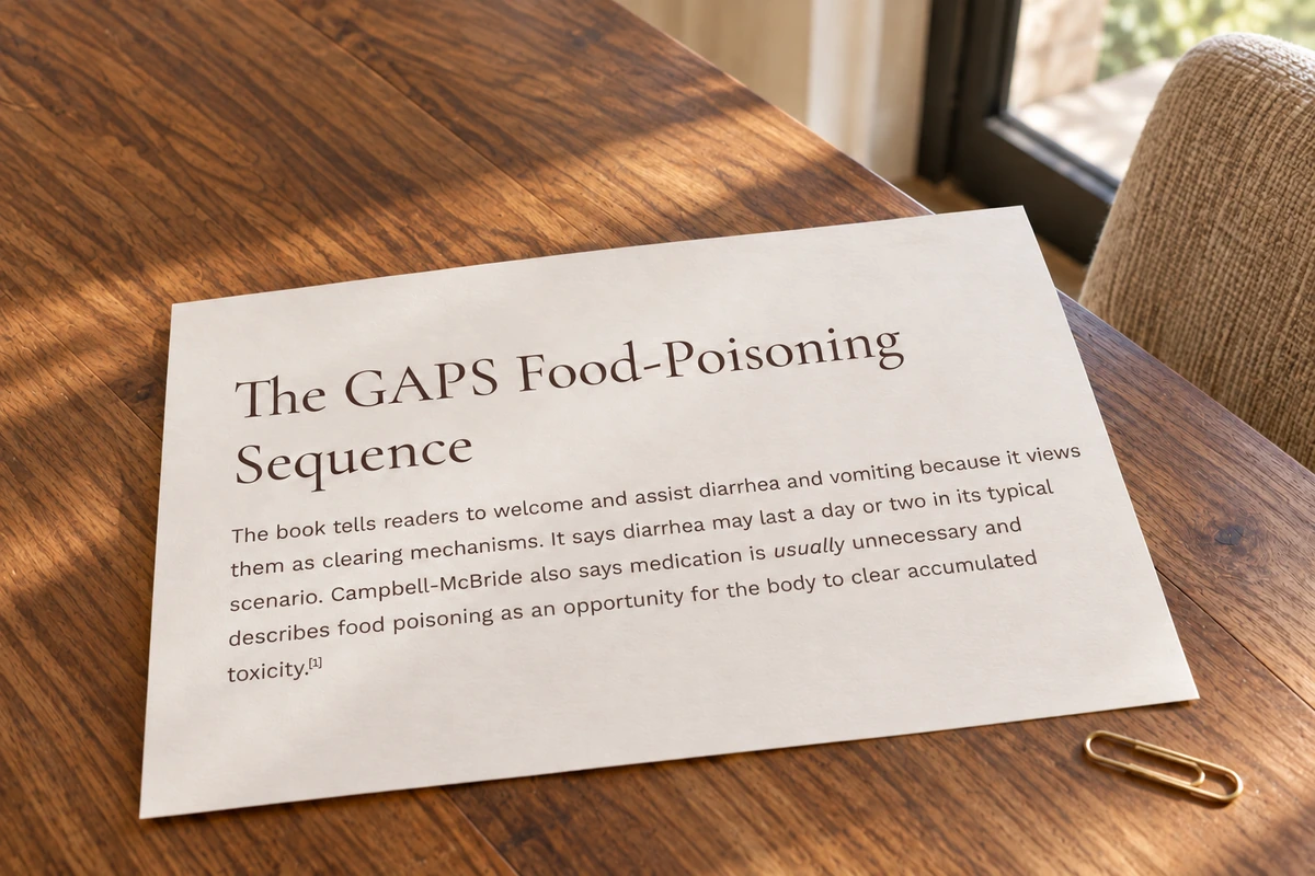 The actual GAPS food-poisoning article excerpt printed on cream paper on the walnut dining table.