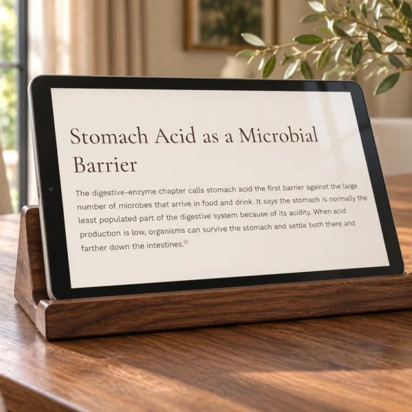Tablet showing the article explanation of stomach acid as a microbial barrier.