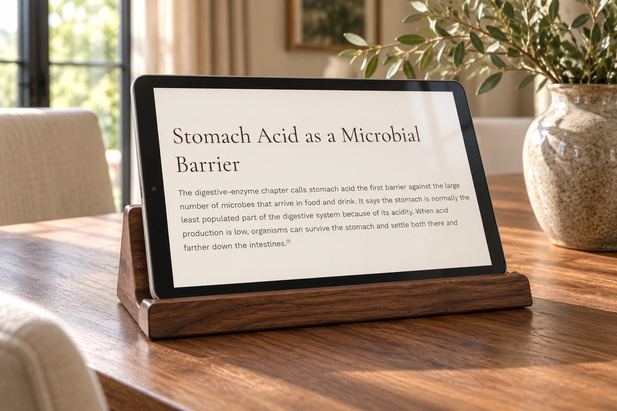 Tablet showing the article explanation of stomach acid as a microbial barrier.