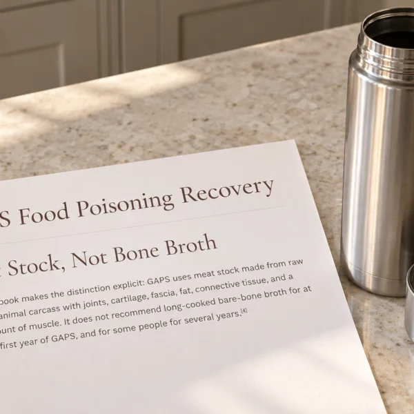 Printed meat-stock article excerpt beside an empty stainless vacuum flask on the WFLI stone worktop.