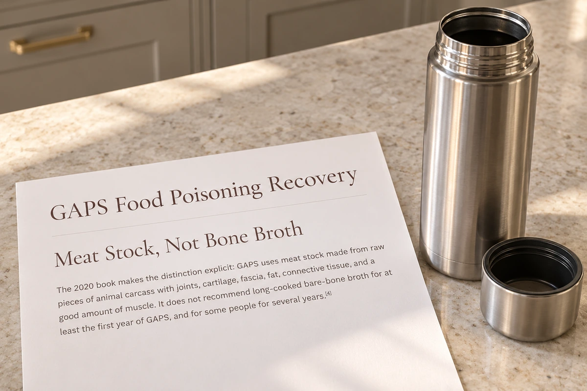 Printed meat-stock article excerpt beside an empty stainless vacuum flask on the WFLI stone worktop.
