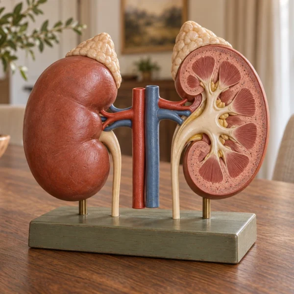 A physical kidney teaching model with one intact kidney and one cutaway on the WFLI walnut table.