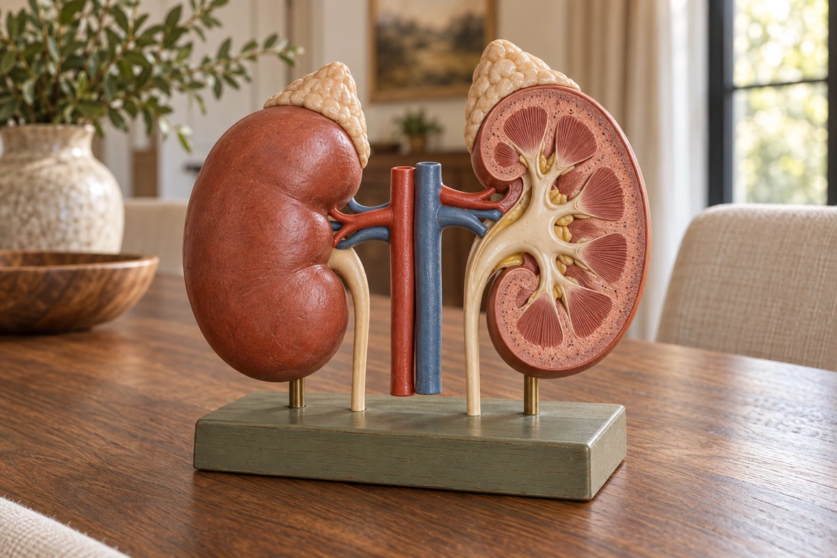 A physical kidney teaching model with one intact kidney and one cutaway on the WFLI walnut table.