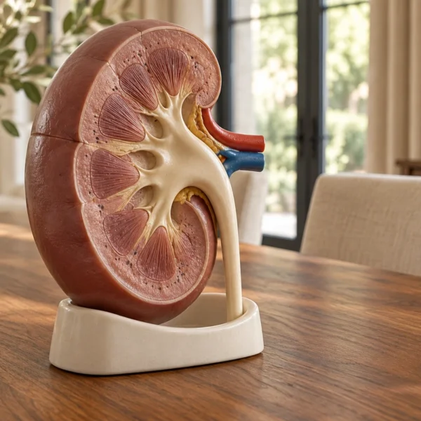 A close view of a physical kidney cutaway teaching model in a cream ceramic cradle.