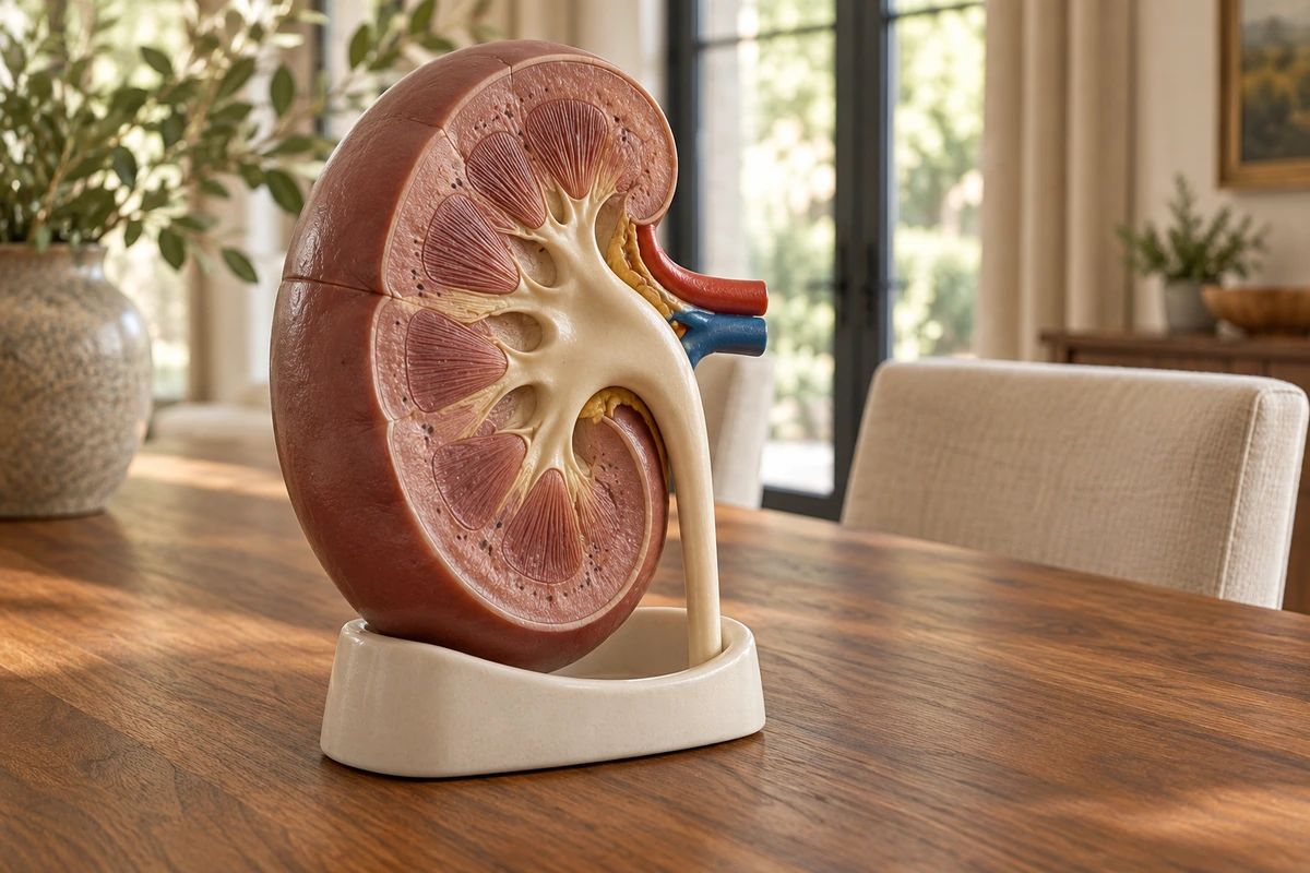 A close view of a physical kidney cutaway teaching model in a cream ceramic cradle.