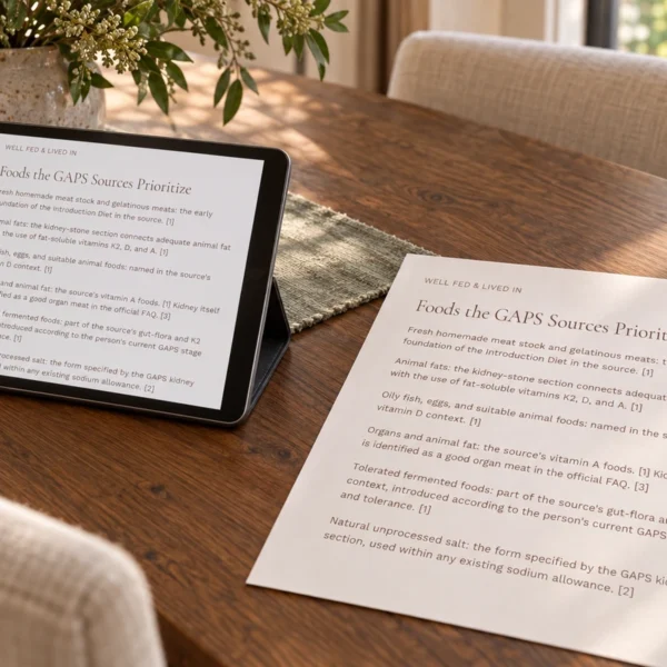 The accepted kidney-food priorities article excerpt on a tablet and cream paper at the WFLI walnut table.