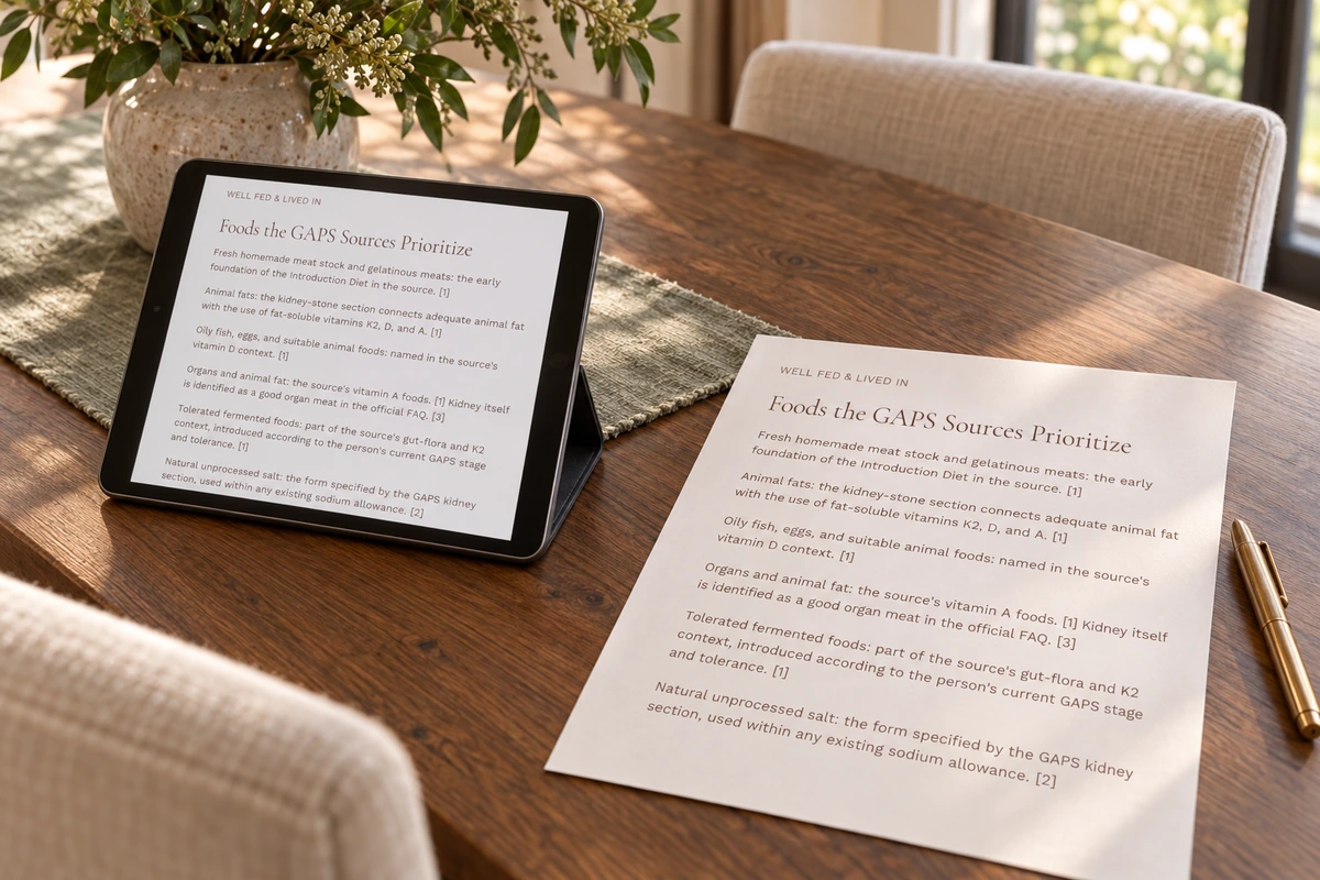 The accepted kidney-food priorities article excerpt on a tablet and cream paper at the WFLI walnut table.