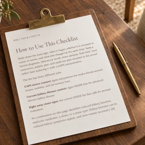 The actual kidney checklist article excerpt on a walnut clipboard beside a brass pen.
