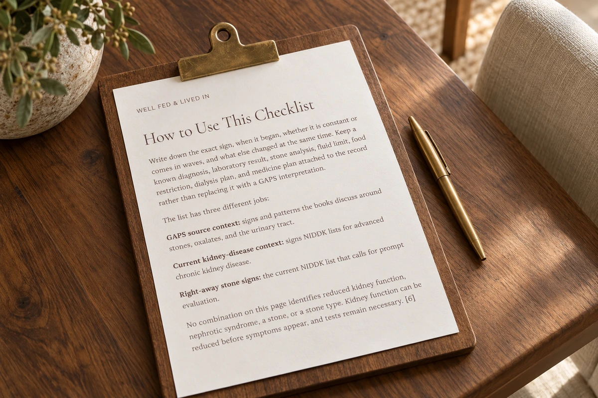 The actual kidney checklist article excerpt on a walnut clipboard beside a brass pen.