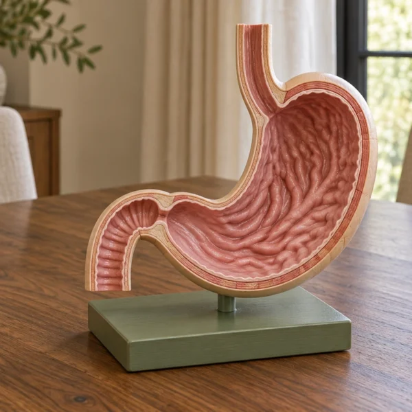 A supported physical stomach teaching model showing the gastric folds and outlet toward the duodenum.