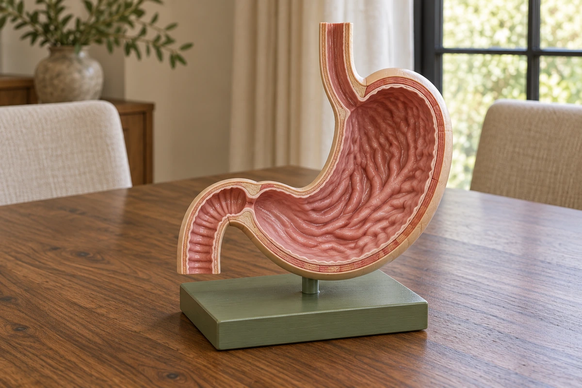 A supported physical stomach teaching model showing the gastric folds and outlet toward the duodenum.