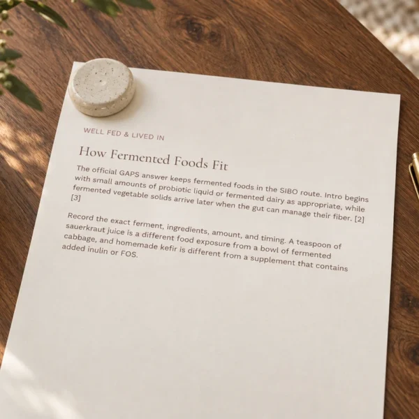The actual How Fermented Foods Fit article excerpt on cream paper with a resting brass pen.