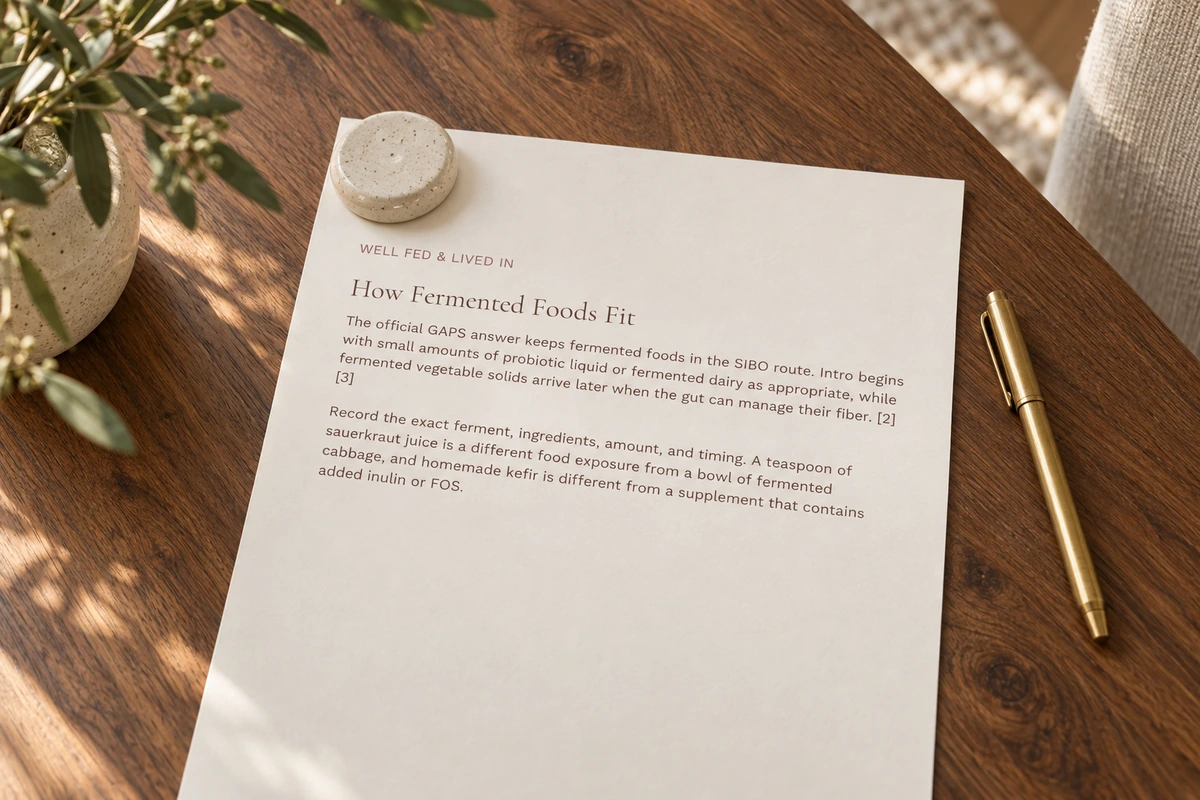 The actual How Fermented Foods Fit article excerpt on cream paper with a resting brass pen.