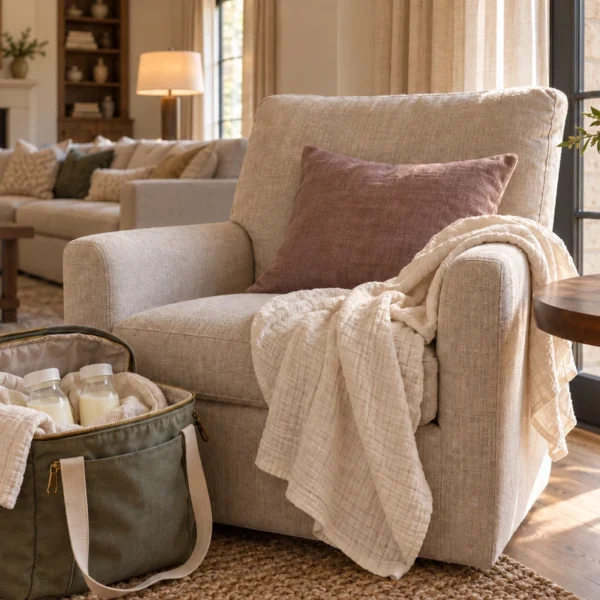 A warm nursing chair beside an insulated donor-milk tote with glass storage bottles in the WFLI home.