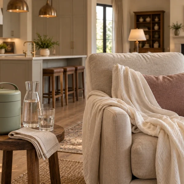 A warm nursing chair beside a closed meal carrier, water carafe, and the WFLI family kitchen.
