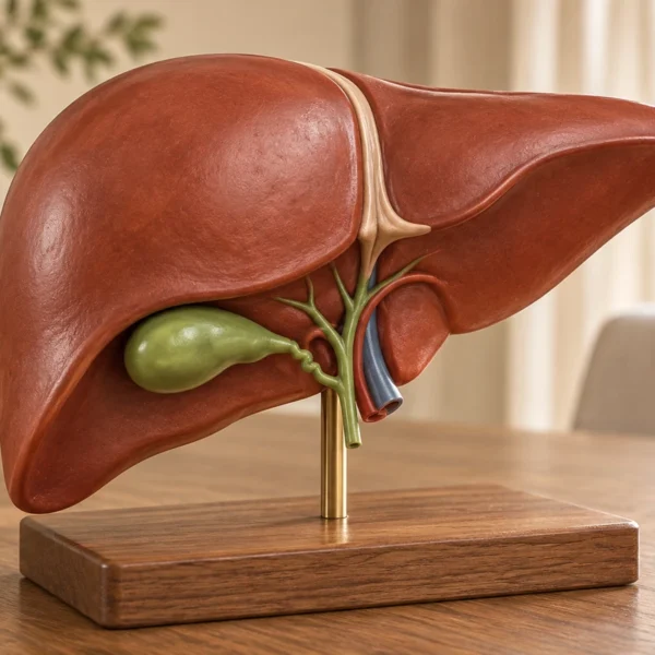 Liver teaching model with a green gallbladder and colored vessels, mounted on a wooden base.