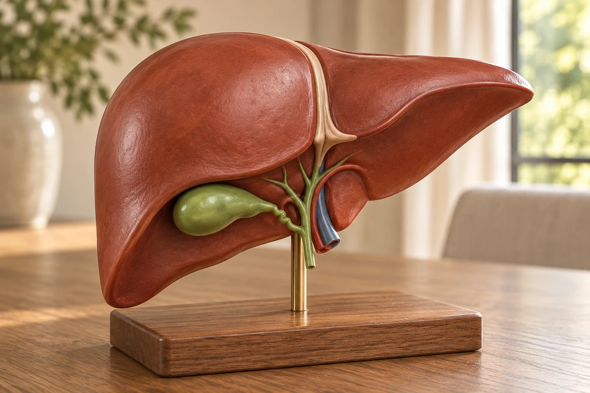 Liver teaching model with a green gallbladder and colored vessels, mounted on a wooden base.