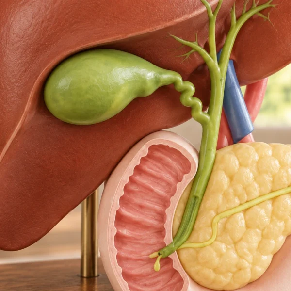 Close view of the gallbladder and bile-duct connection on a digestive anatomy teaching model.