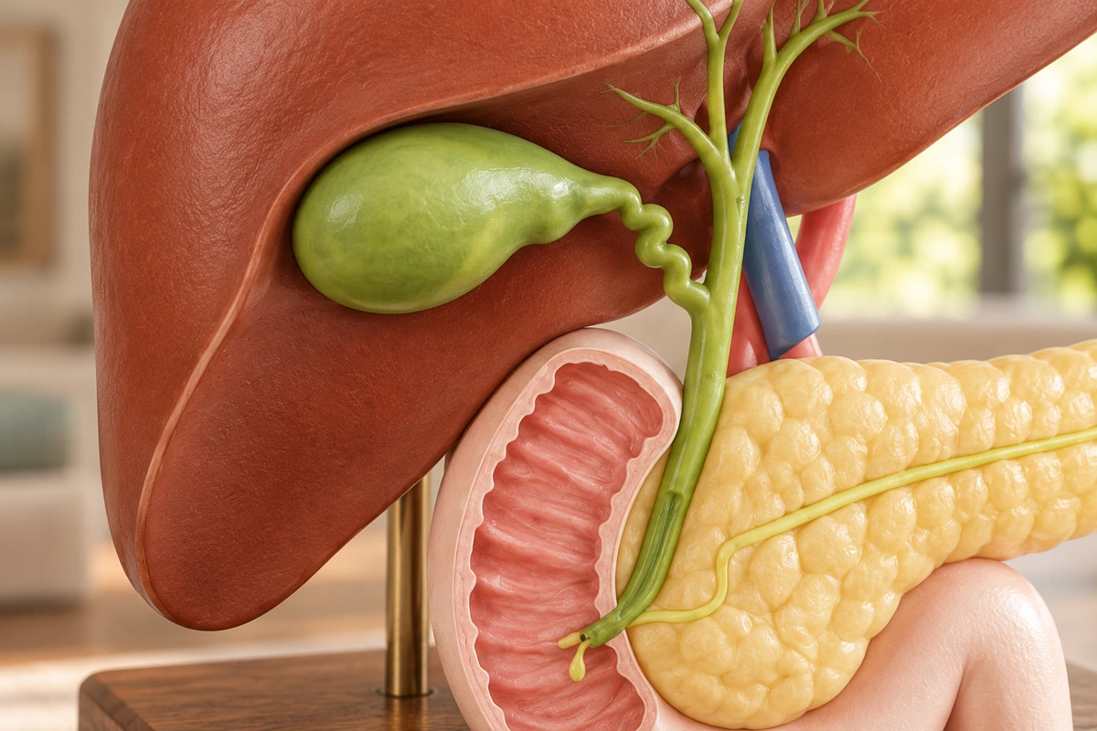 Close view of the gallbladder and bile-duct connection on a digestive anatomy teaching model.