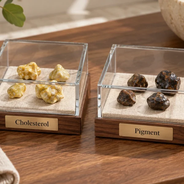 Two glass teaching displays containing yellow-green and dark gallstone replicas, labeled Cholesterol and Pigment.