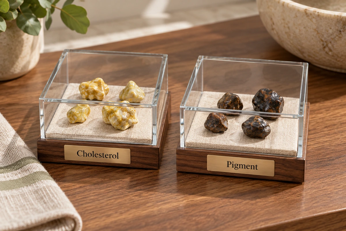 Two glass teaching displays containing yellow-green and dark gallstone replicas, labeled Cholesterol and Pigment.