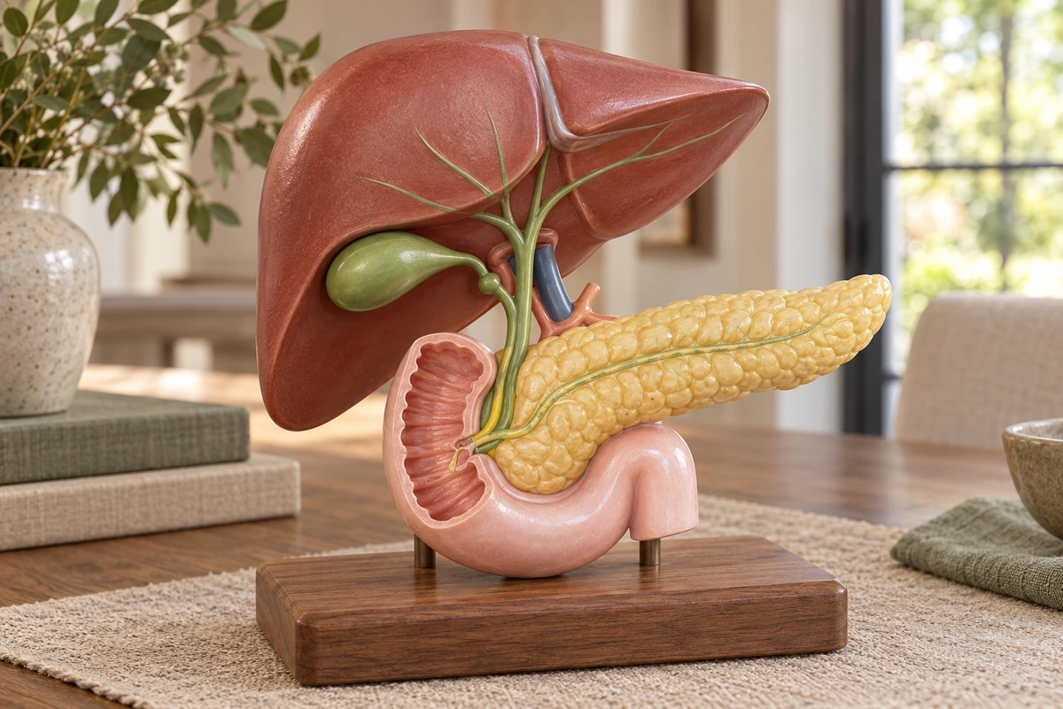 Digestive anatomy teaching model showing liver, gallbladder, pancreas and the C-shaped duodenum.