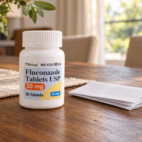 Illustrative closed fluconazole prescription bottle beside a folded leaflet on a walnut table.