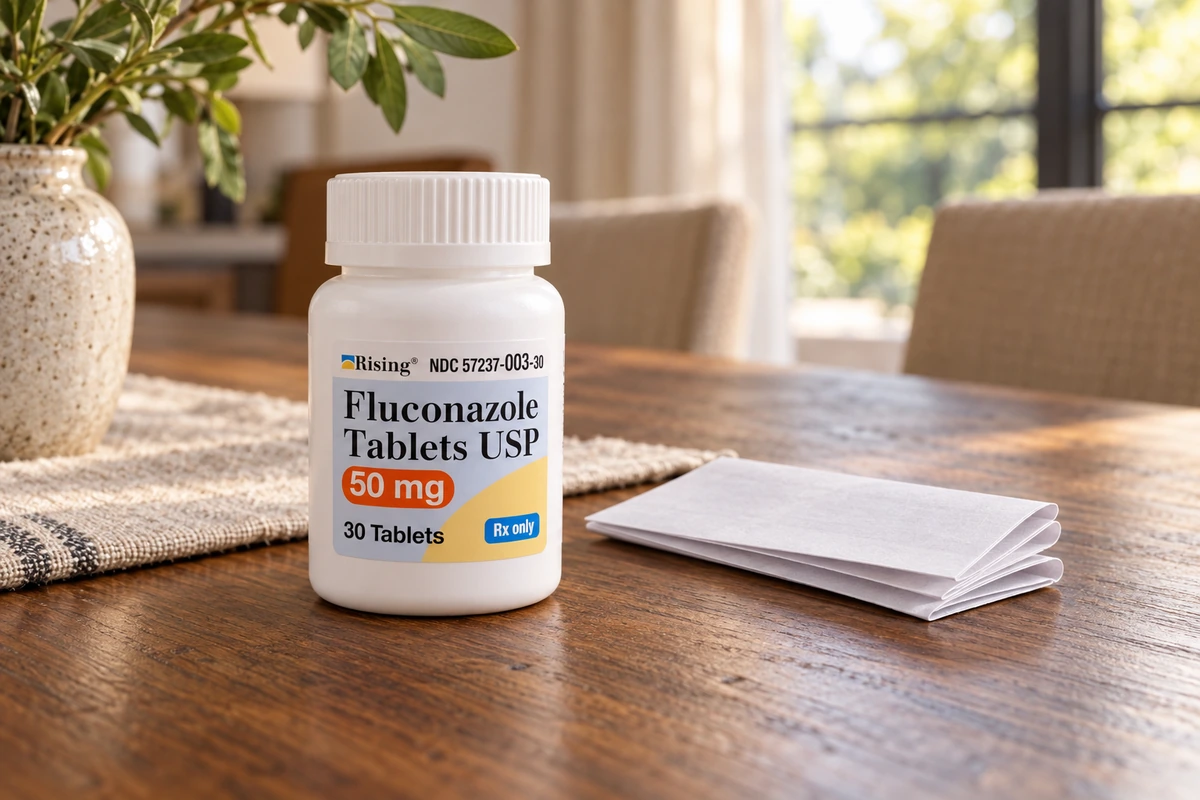 Illustrative closed fluconazole prescription bottle beside a folded leaflet on a walnut table.
