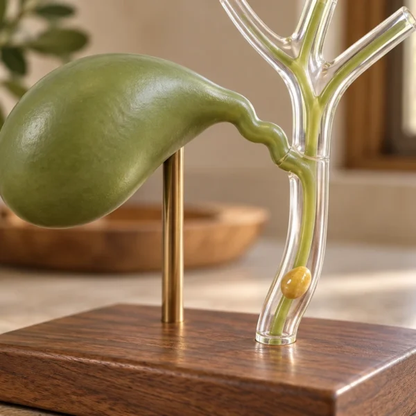 Gallbladder teaching model with a transparent duct segment containing one yellow stone replica.