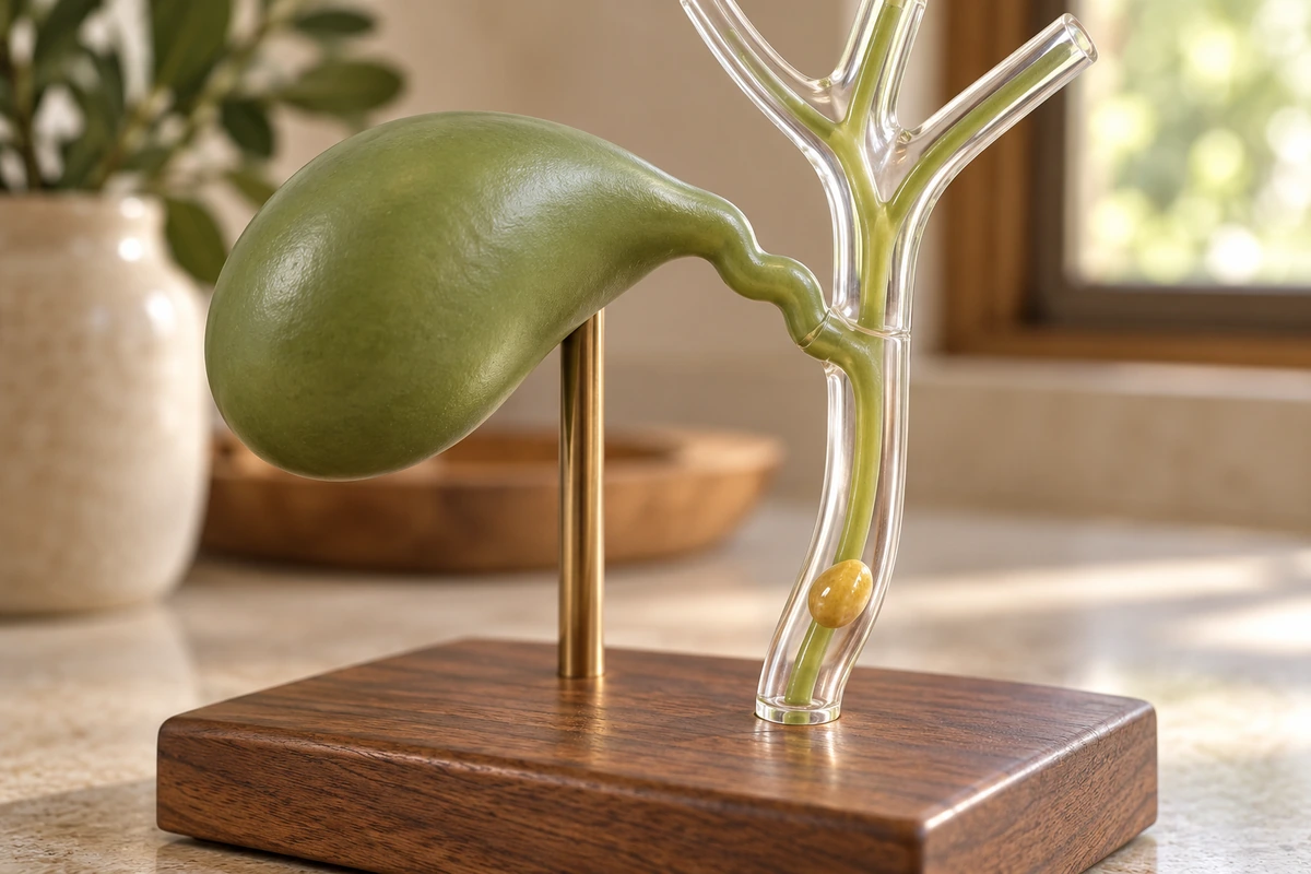 Gallbladder teaching model with a transparent duct segment containing one yellow stone replica.
