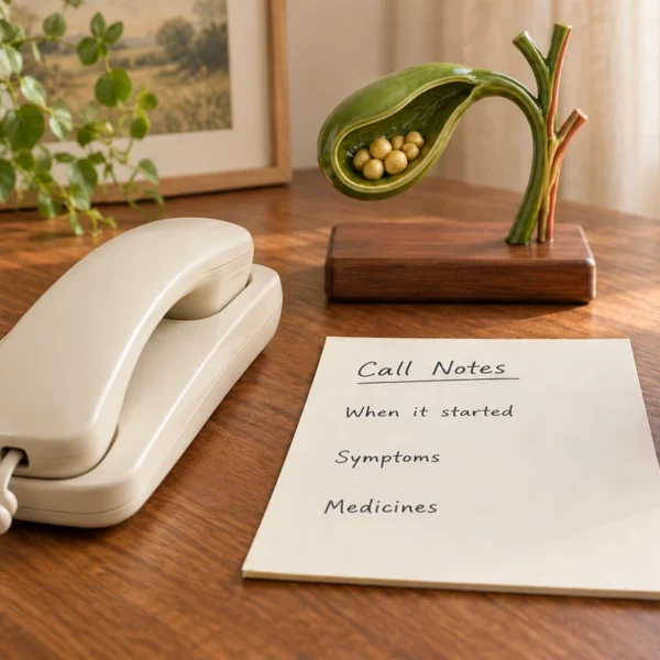 Telephone and blank Call Notes sheet beside a gallbladder teaching model on a wooden table.