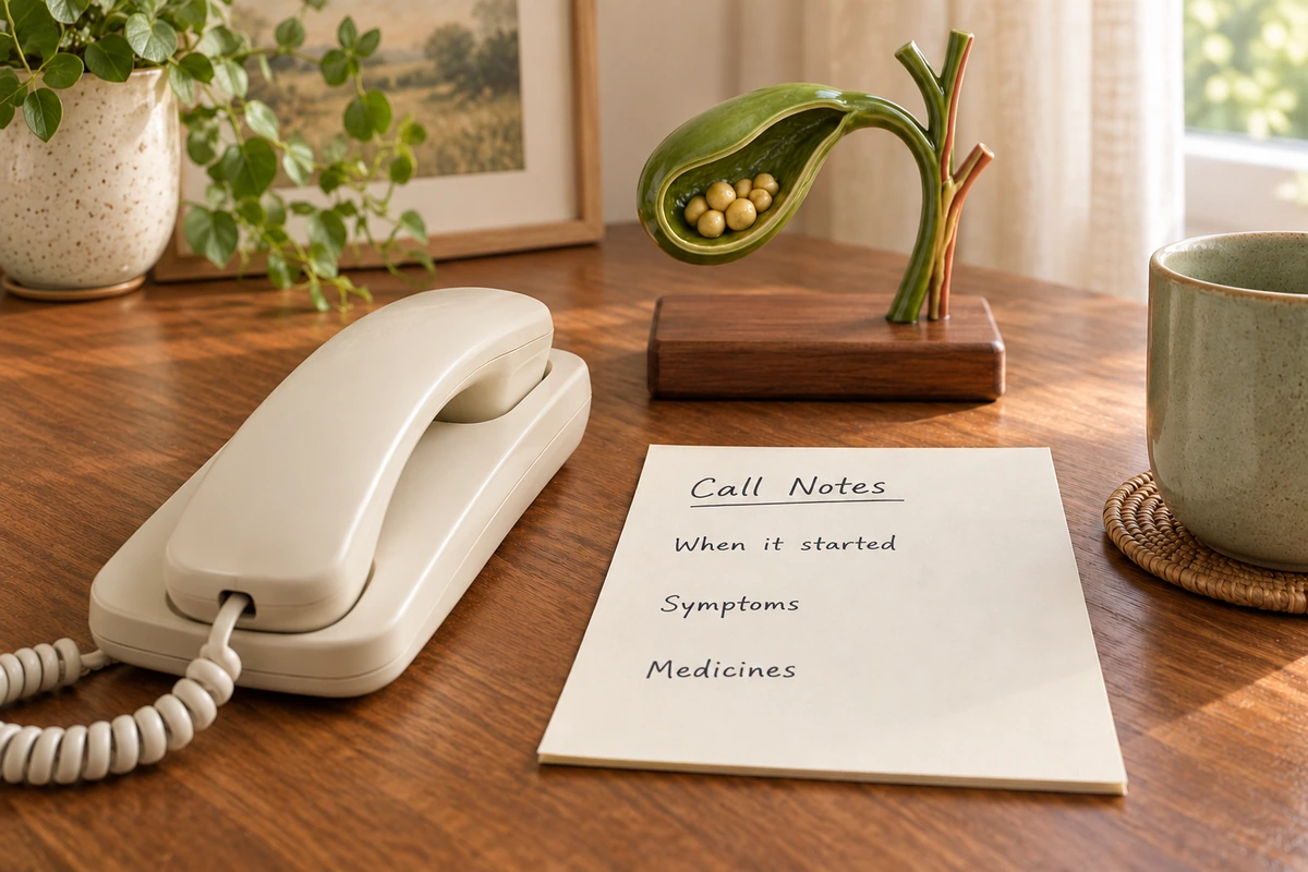 Telephone and blank Call Notes sheet beside a gallbladder teaching model on a wooden table.