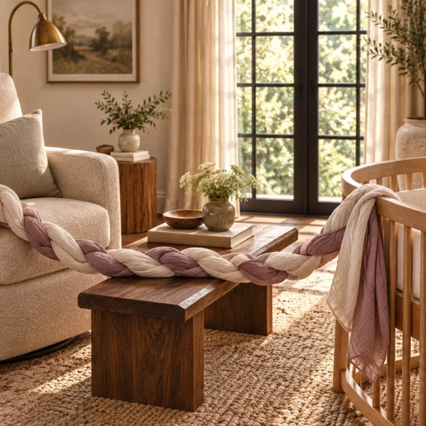 An empty bassinet and nursing chair connected by a braided cream and dusty-mauve muslin ribbon in the WFLI home.