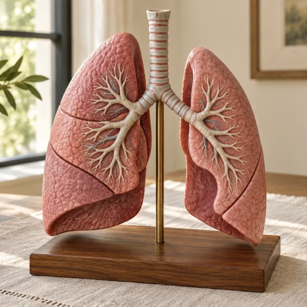 Paired-lung teaching model with trachea, branching bronchi and visible lobes on a wooden base.