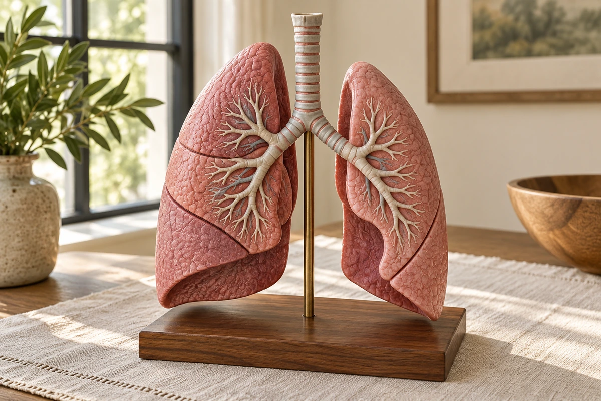 Paired-lung teaching model with trachea, branching bronchi and visible lobes on a wooden base.