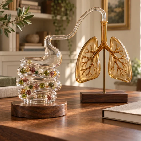 A clear coiled glass digestive model connected to an amber glass lung model on a warm WFLI study desk.