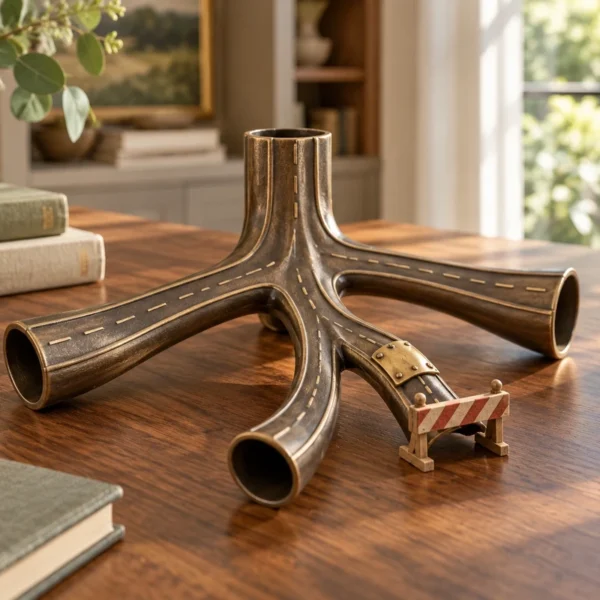 A handcrafted branching bronze airway roadway with one section closed by a small repair barrier on a WFLI walnut table.