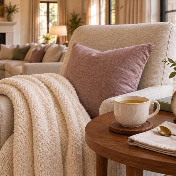 A cream blanket, chamomile tea, teaspoon, and numeral-free brass clock beside an oatmeal chair in the WFLI living room.