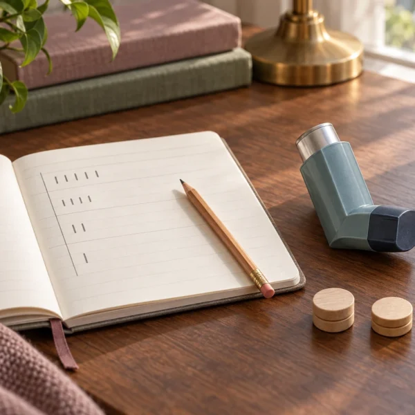 An unbranded inhaler beside a blank attack-pattern notebook, pencil, and wooden counters arranged in a gradual sequence.