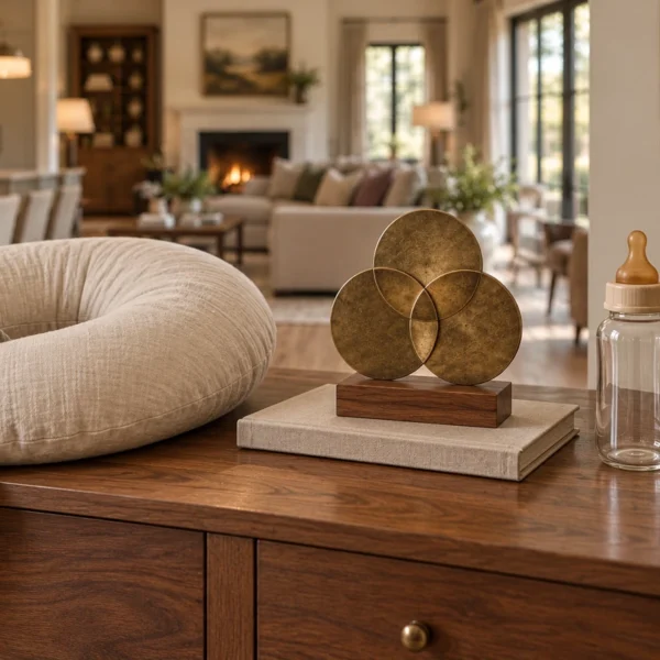 A nursing pillow and glass feeding bottle beside three overlapping brass circles in the WFLI home.