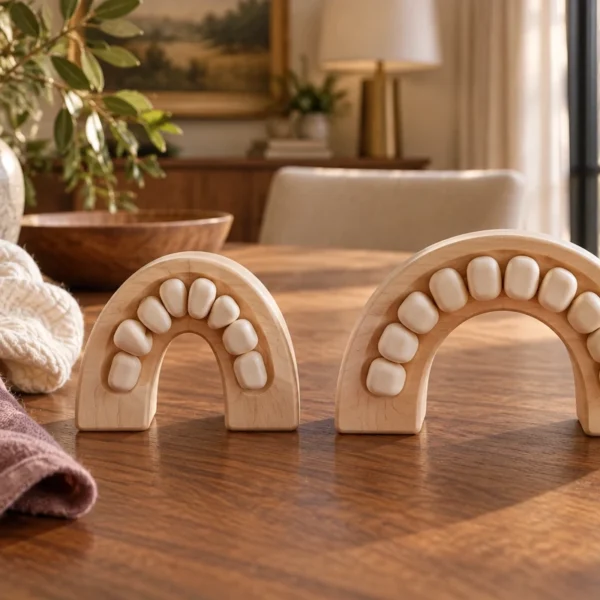 Narrow crowded and broad open handcrafted wooden arches beside folded newborn muslin on a warm walnut table.