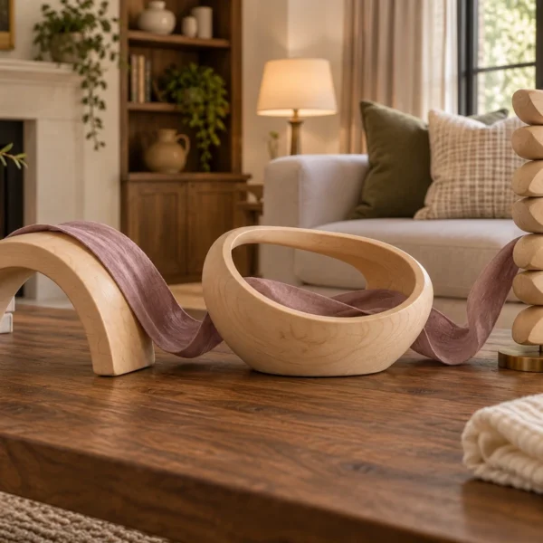 A wooden arch, broad woven oval, and stacked rounded wood forms arranged in a warm WFLI study scene.
