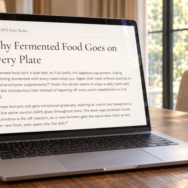 Laptop displaying the Full GAPS article section about fermented food with every meal.