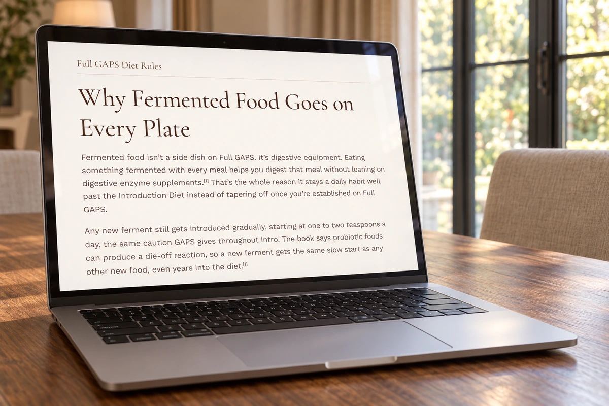 Laptop displaying the Full GAPS article section about fermented food with every meal.