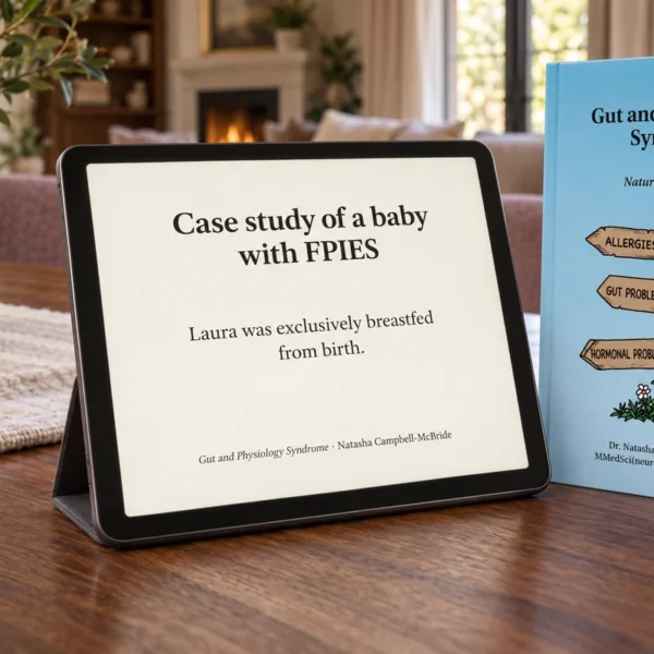 Tablet displaying the heading and opening sentence of Laura’s FPIES case beside Gut and Physiology Syndrome.