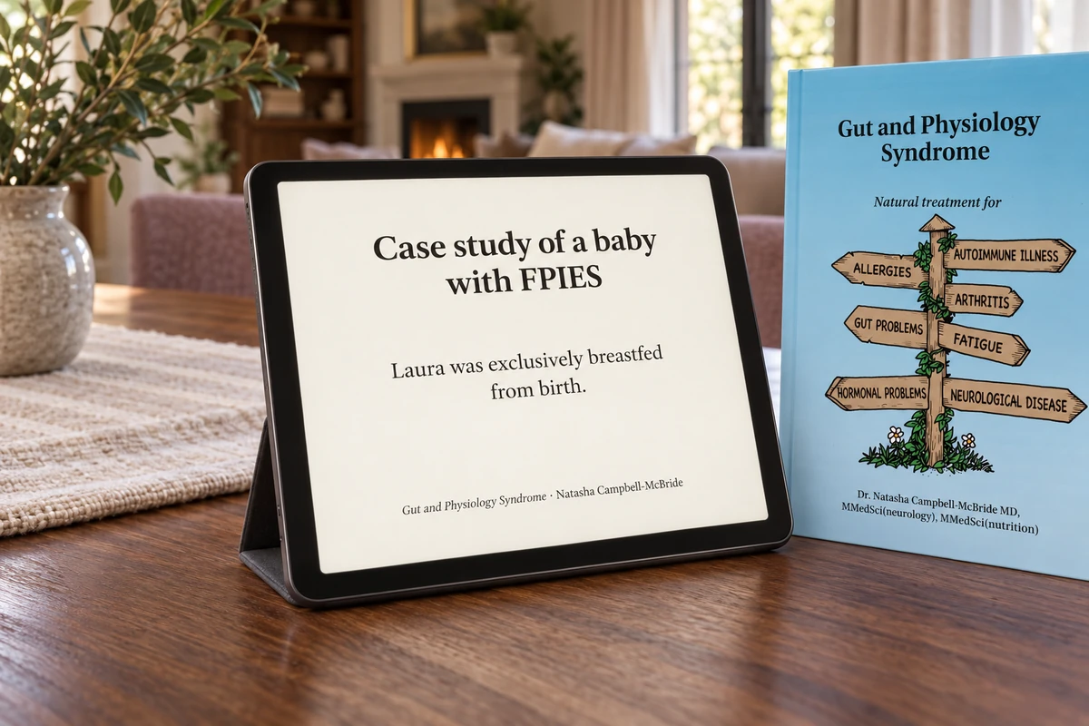 Tablet displaying the heading and opening sentence of Laura’s FPIES case beside Gut and Physiology Syndrome.